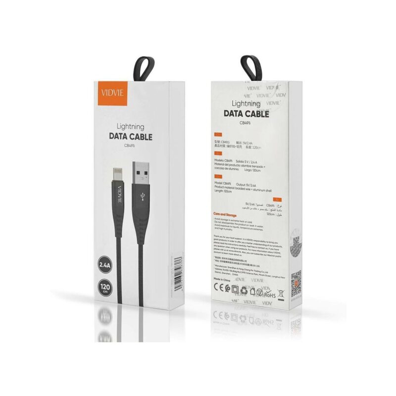 Kabel VIDVIE CB491 NYLON USB/iPhone 2.4A, 1.2m czarny