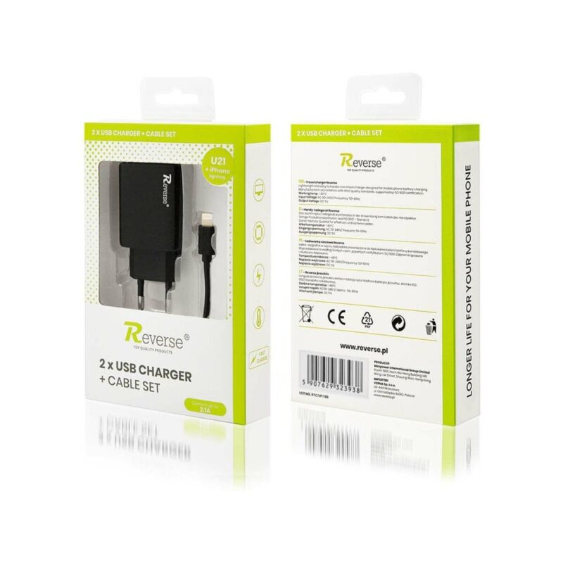 Ładowarka sieciowa REVERSE U21 2xUSB + kabel Iphone 2.1A czarny