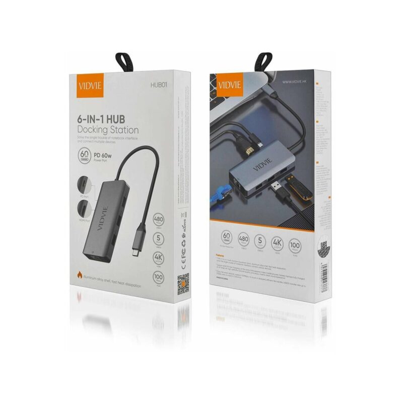 Adapter HUB VIDVIE HUB01 1xUSB 3.0+2xUSB 2.0+1xHDMI+1xRJ45+1xPD+Type C szary