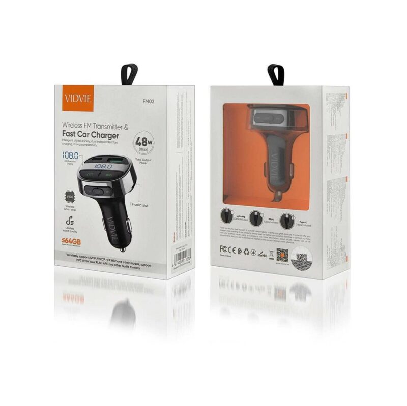 Ładowarka samochodowa FM transmiter VIDVIE FM02 1xUSB + 1xType C USB 18 W + Type-C 30W czarny