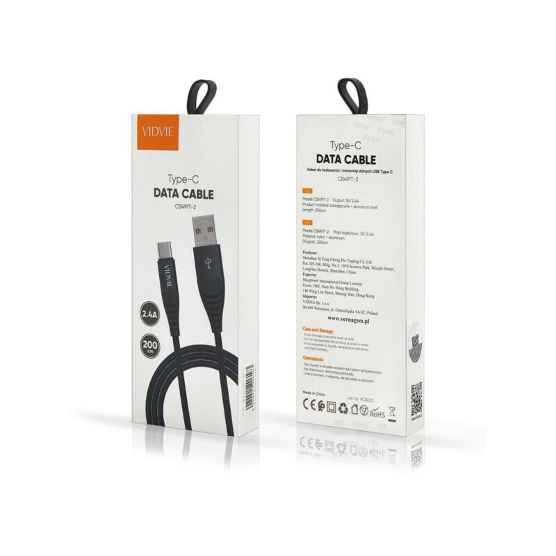 184094-large-default-kabel-vidvie-cb491-nylon-usb-type-c-24a-2m-czarny Kabel VIDVIE CB491 NYLON USB/Type C 2.4A, 2m czarny