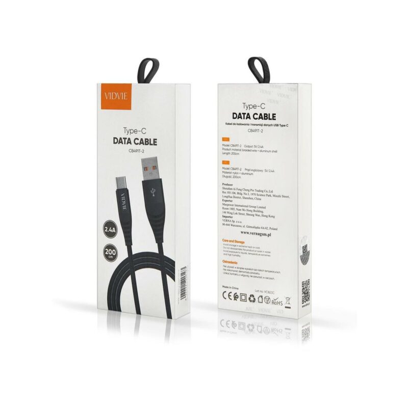 Kabel VIDVIE CB491 NYLON USB/Type C 2.4A, 2m czarny