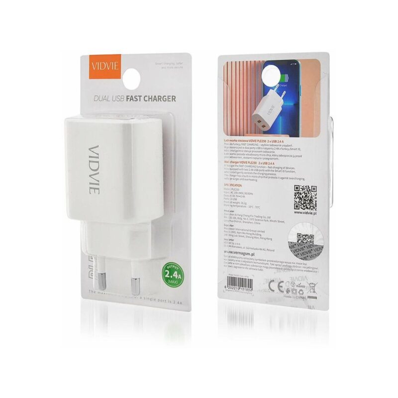 Ładowarka sieciowa VIDVIE PLE250 2xUSB 2.4A biały