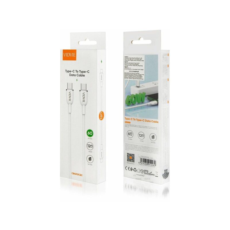 Kabel VIDVIE CB4012 Type C/Type C 60W PD, 3A, 1.2m biały