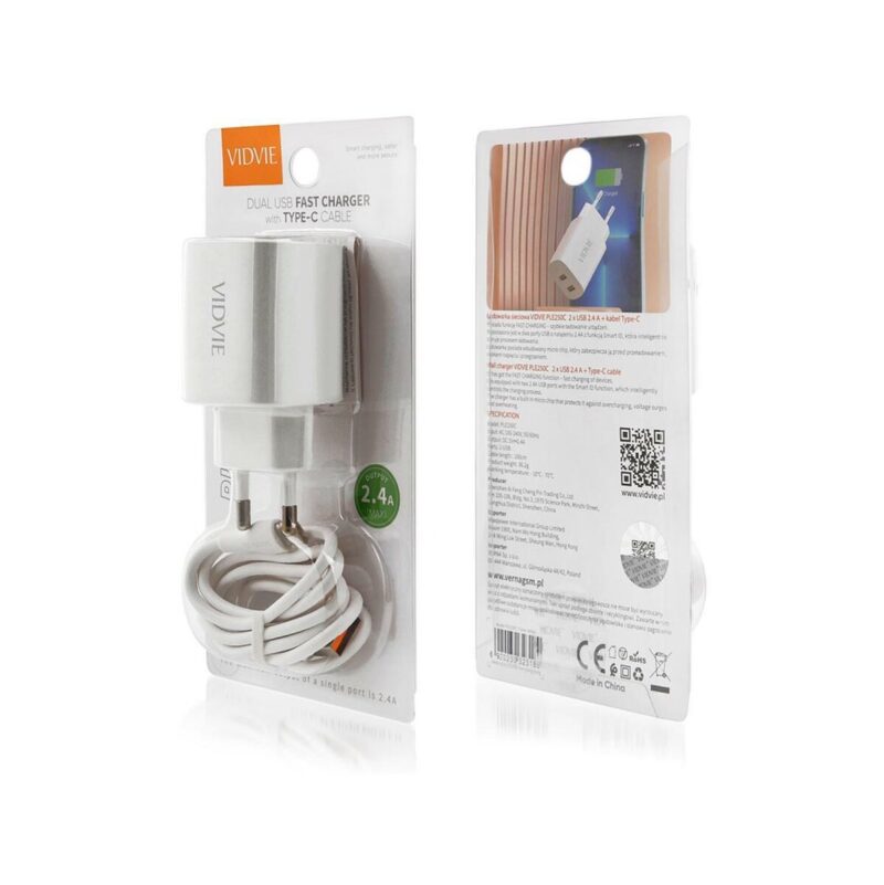 Ładowarka sieciowa VIDVIE PLE250C 2xUSB + kabel Type C 2.4A biały