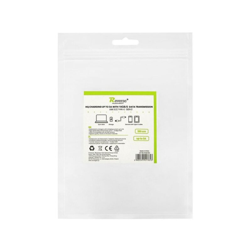 Kabel REVERSE 10GB/s, 3A, USB 3.2/Type-C gen 2, 1.5m czarny BAG