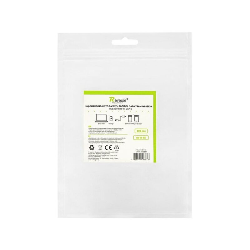 Kabel REVERSE 10GB/s, 3A, USB 3.2/Type-C gen 2, 2m czarny BAG