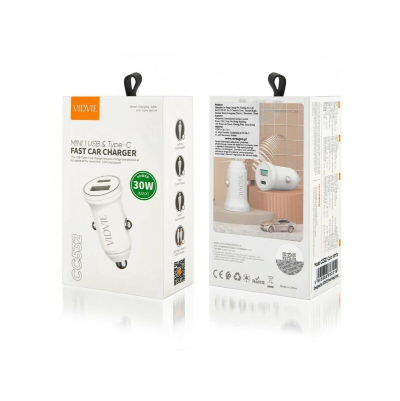 Ładowarka samochodowa VIDVIE CC532 1xUSB + 1xType C 30W biały