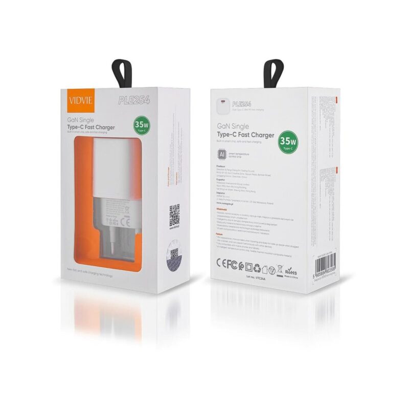 Ładowarka sieciowa VIDVIE PLE254 1xType C 3A 35W GaN compatible PD20W biały