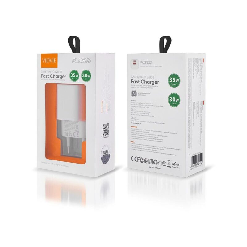 Ładowarka sieciowa VIDVIE PLE255 1xUSB + 1xType C 3A 35W GaN compatible PD20W biały