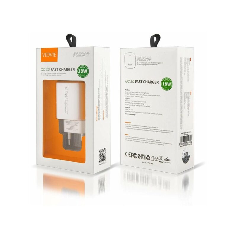 Ładowarka sieciowa VIDVIE PLE249 1xUSB + kabel iPhone 3A 18W QC 3.0 biały