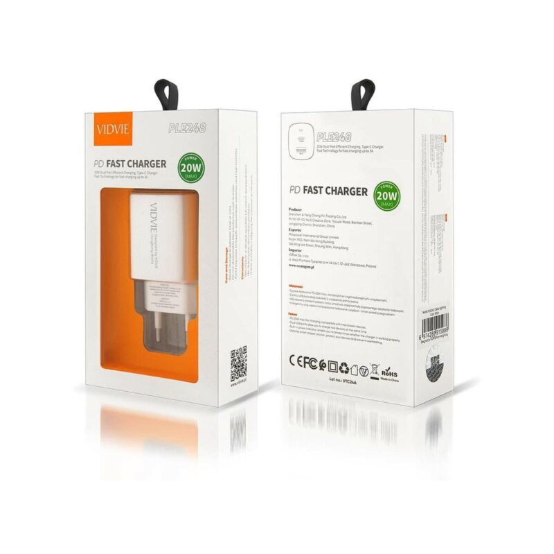 Ładowarka sieciowa VIDVIE PLE248 1xUSB + 1xType C + kabel iPhone 3A PD 20W biały