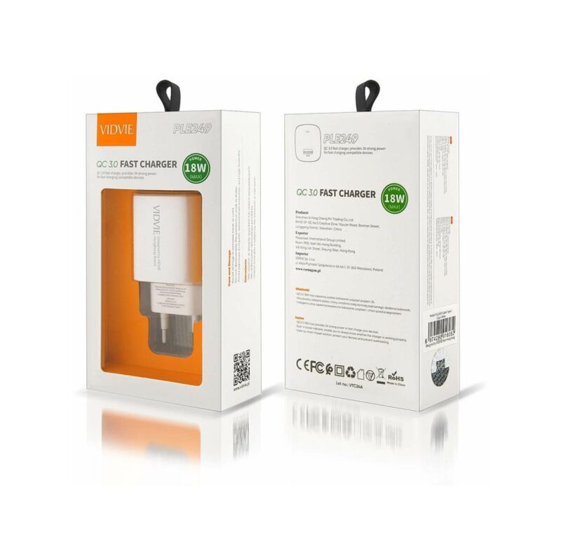 Ładowarka sieciowa VIDVIE PLE249 1xUSB + kabel Type C 3A 18W QC 3.0 biały