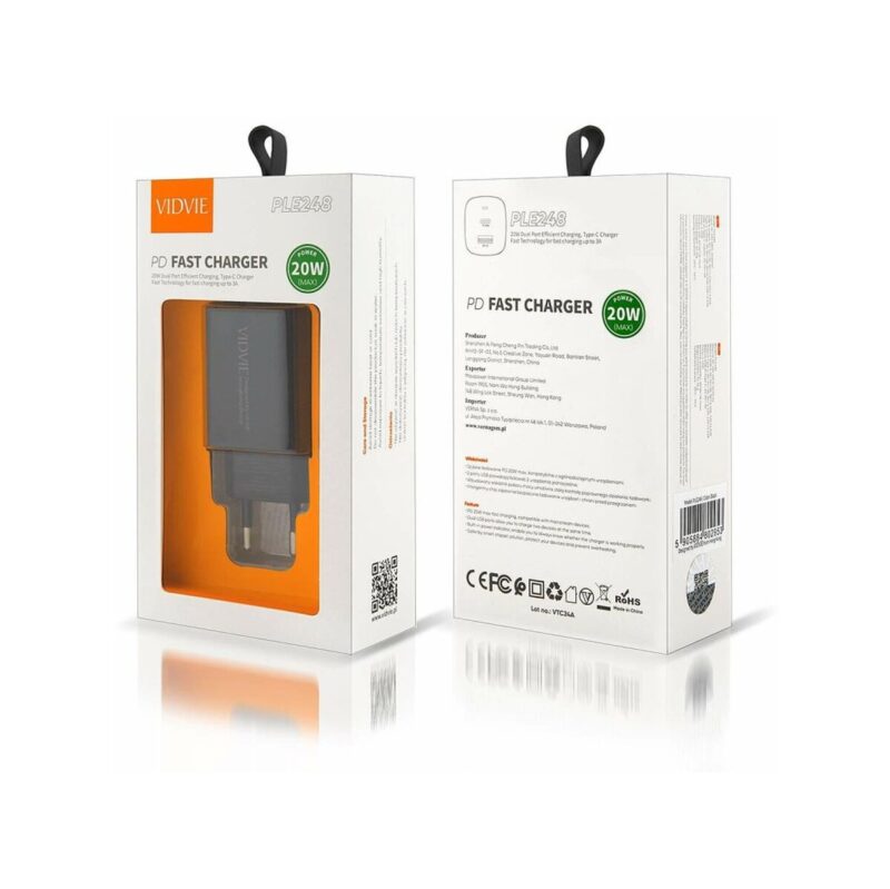 Ładowarka sieciowa VIDVIE PLE248 1xUSB + 1xType C 3A PD 20W czarny