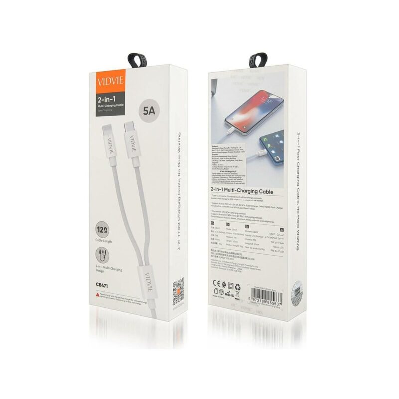 Kabel VIDVIE CB471 USB/Type-C + iPhone 5A, 1.2m biały