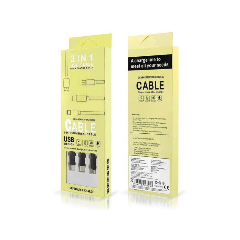 Kabel 3w1 USB/Micro + Type C + iPhone 2.1A, 1m czarny