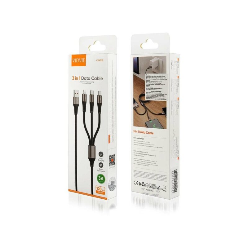Kabel VIDVIE CB4039 USB/Type-C + Type-C + iPhone 3A, 1.2m biały