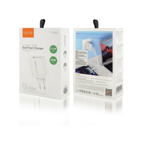 Ładowarka sieciowa VIDVIE PLE262 1xUSB + 2xType-C + kabel Type-C/Type-C 3A 65W GaN biały
