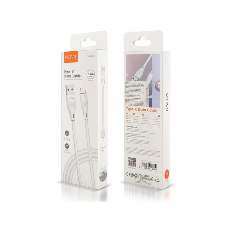 Kabel VIDVIE CB4016 USB/Type C 2.4A, 1m biały