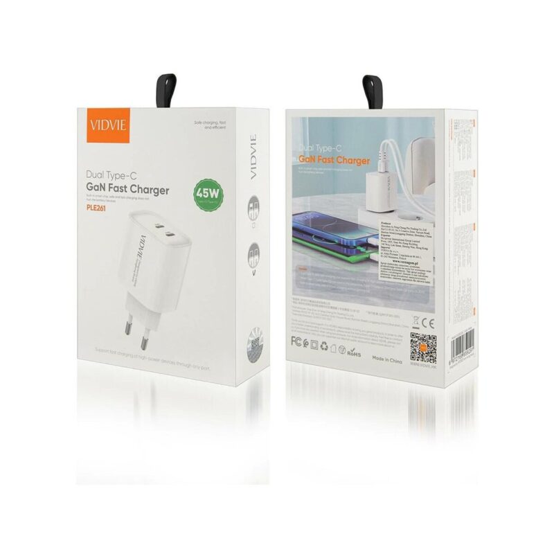 Ładowarka sieciowa VIDVIE PLE261 2xType-C + kabel Type-C/Type-C 3A 45W GaN biały