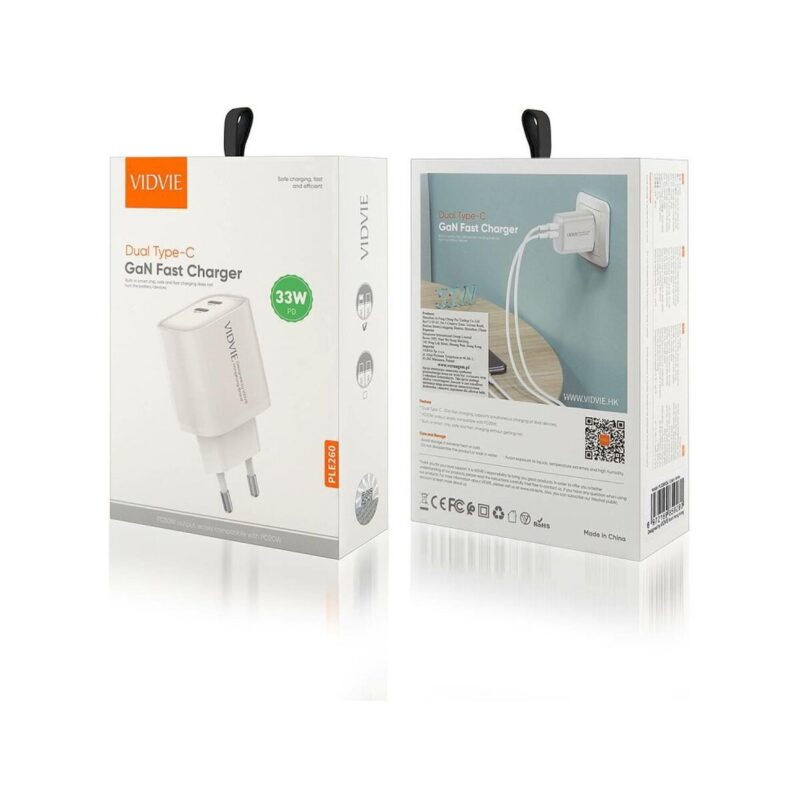 Ładowarka sieciowa VIDVIE PLE260 2xType-C + kabel Type-C/iPhone 3A 33W GaN compatible PD20W biały
