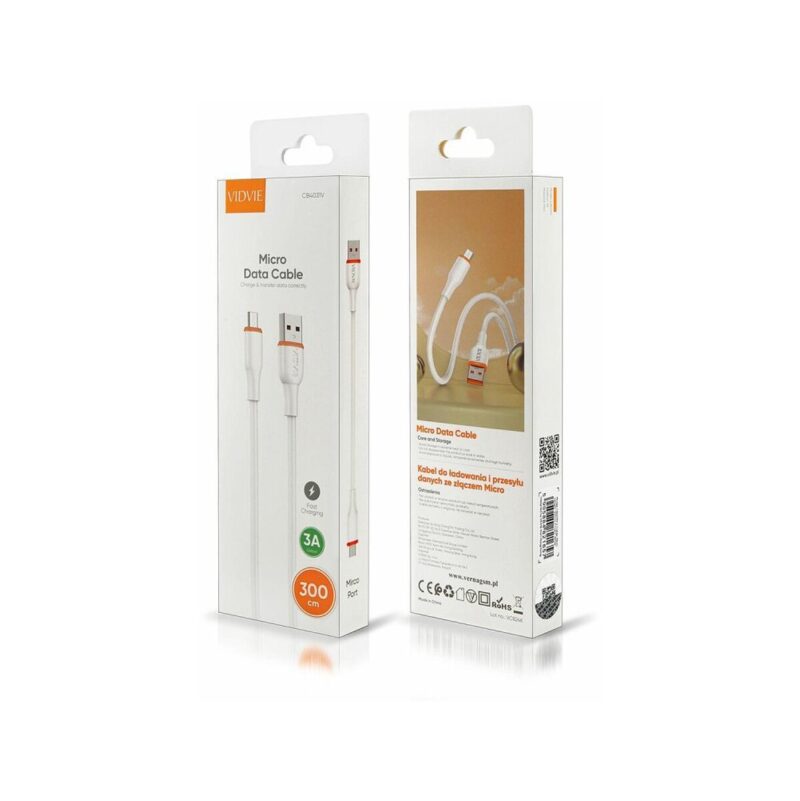 Kabel VIDVIE CB4031 USB/Micro 3A, 3m biały