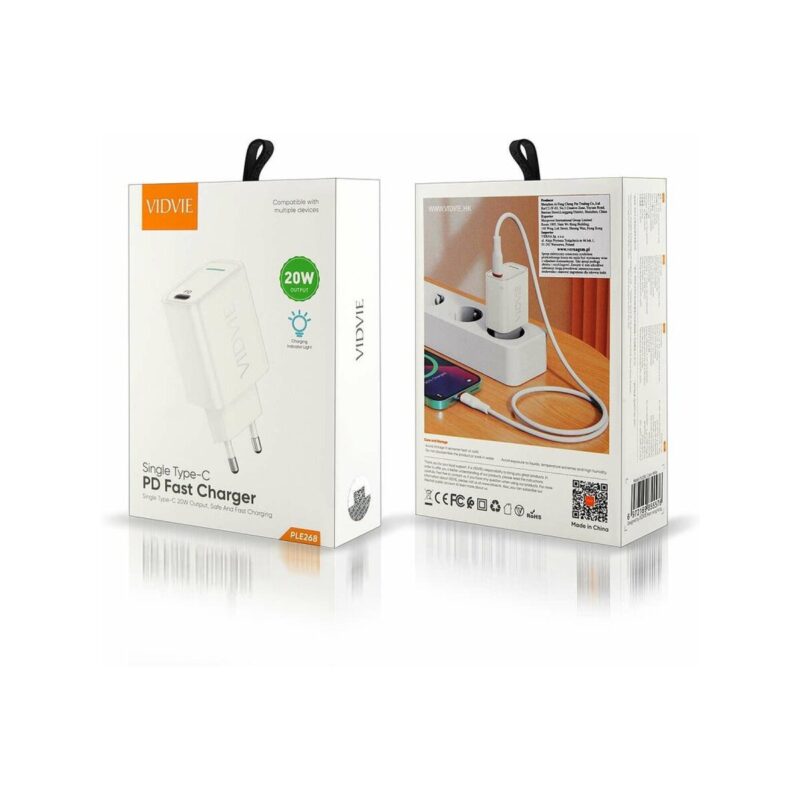 Ładowarka sieciowa VIDVIE PLE268 1xUSB + 1xType C 3A PD 20W biały