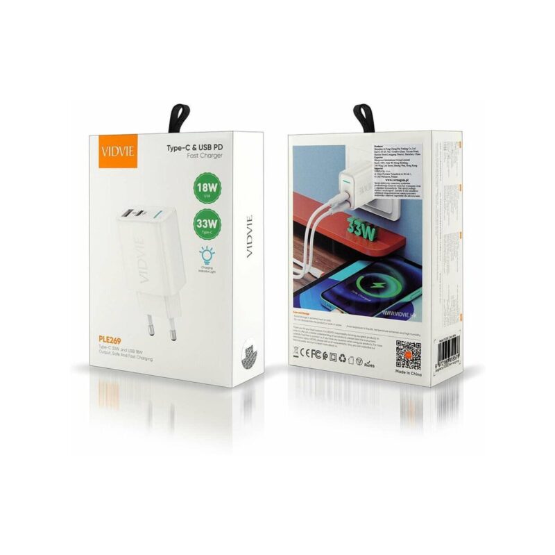 Ładowarka sieciowa VIDVIE PLE269 1xUSB + 1xType C 3A PD 30W biały