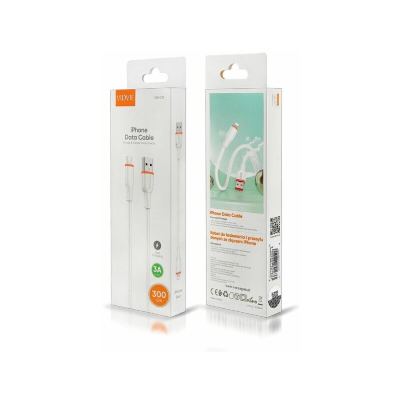 Kabel VIDVIE CB4031 USB/ iPhone 3A, 3m biały