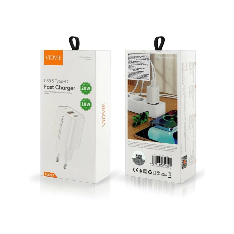 Ładowarka sieciowa VIDVIE PLE273 1xUSB + 1xType C 3A, 20W biały