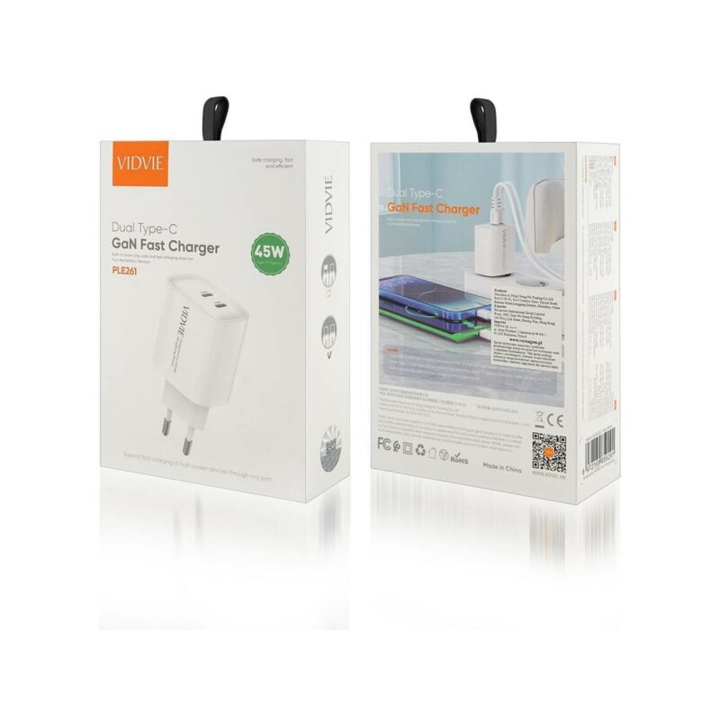 Ładowarka sieciowa VIDVIE PLE261 2xType-C + kabel Type-C/Type-C 3A 45W GaN biały