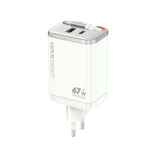 Ładowarka sieciowa VIDVIE PLE224 1xUSB+1xType C + wbudowany kabel Type C 67W GaN biały