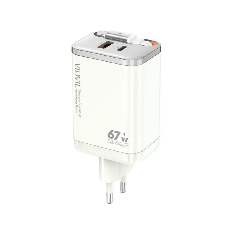 Ładowarka sieciowa VIDVIE PLE224 1xUSB+1xType C + wbudowany kabel Type C 67W GaN biały