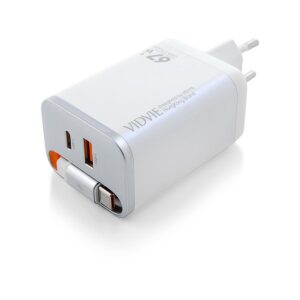 Ładowarka sieciowa VIDVIE PLE224 1xUSB+1xType C + wbudowany kabel Type C 67W GaN biały