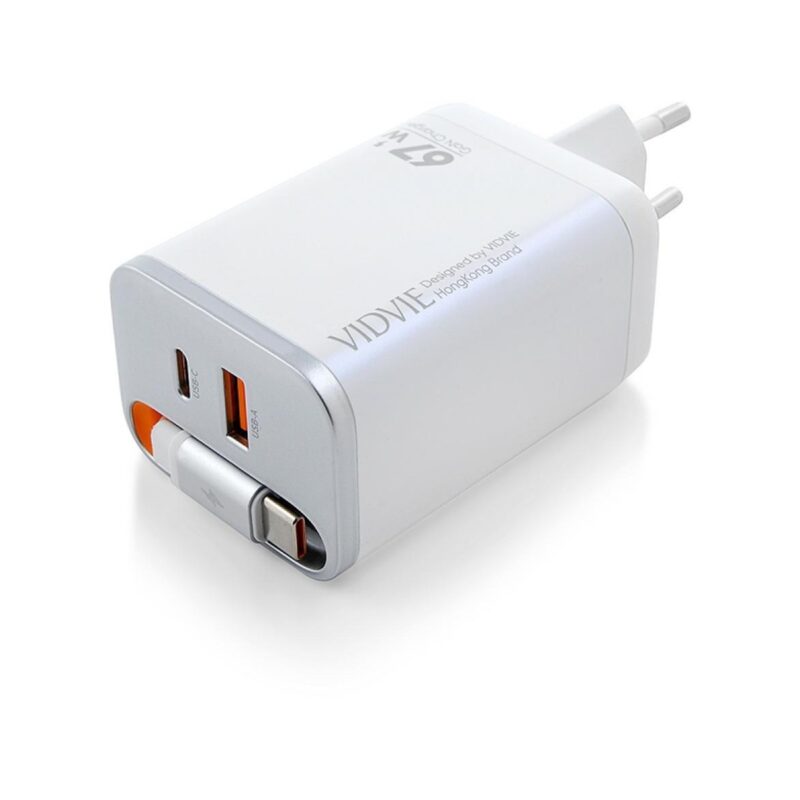 Ładowarka sieciowa VIDVIE PLE224 1xUSB+1xType C + wbudowany kabel Type C 67W GaN biały