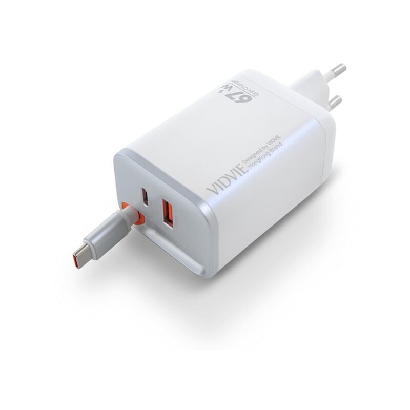 Ładowarka sieciowa VIDVIE PLE224 1xUSB+1xType C + wbudowany kabel Type C 67W GaN biały