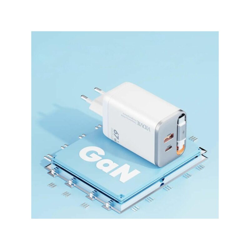 Ładowarka sieciowa VIDVIE PLE224 1xUSB+1xType C + wbudowany kabel Type C 67W GaN biały