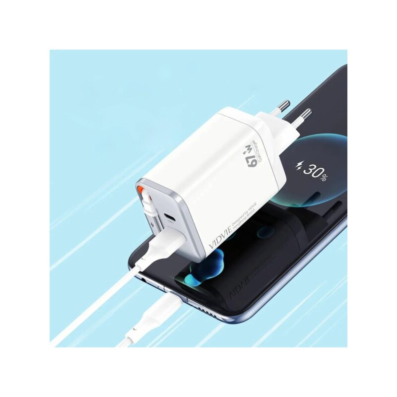 Ładowarka sieciowa VIDVIE PLE224 1xUSB+1xType C + wbudowany kabel Type C 67W GaN biały