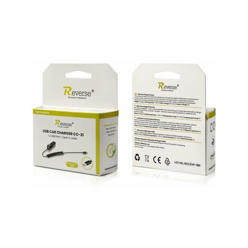 Ładowarka samochodowa REVERSE CC-21 1xUSB + kabel Typ C 2.1A czarny