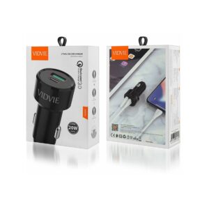 Ładowarka samochodowa VIDVIE CC518C 1xUSB + 1xType C + kabel iPhone 3A, PD20W+QC18W czarny